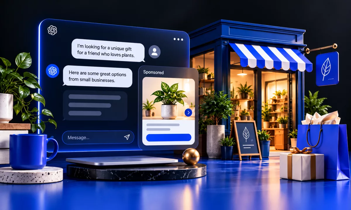 ChatGPT conversation asking for a plant gift that shows a sponsored product card from a small plant shop in the background
