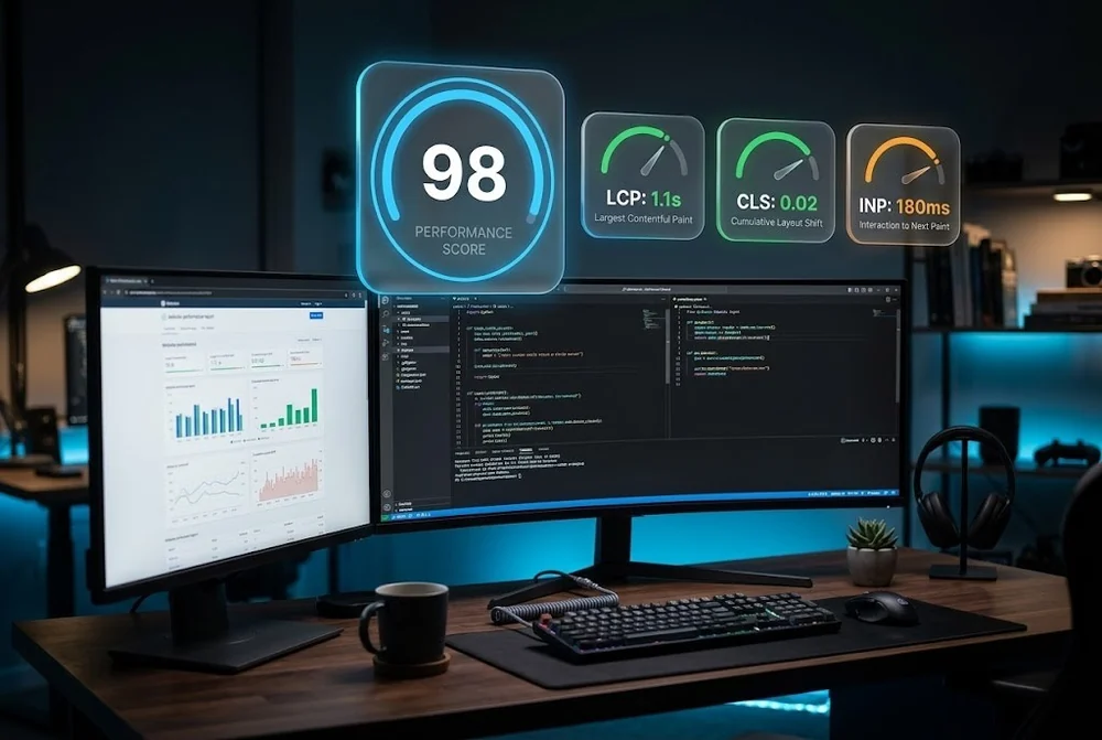 A Core Web Vitals dashboard with a 98 performance score and LCP, CLS and INP gauges