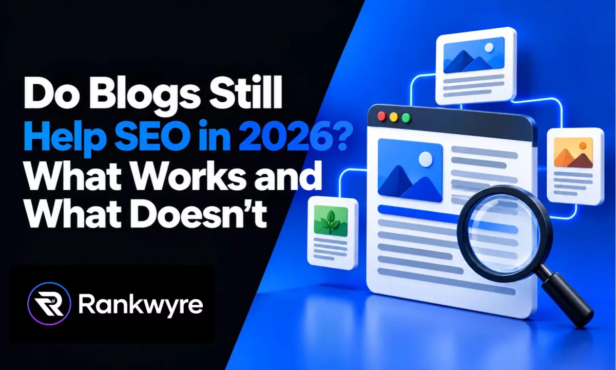 Cover reading Do Blogs Still Help SEO in 2026? What Works and What Doesn't, with a magnifying glass over a blog page linked to related posts