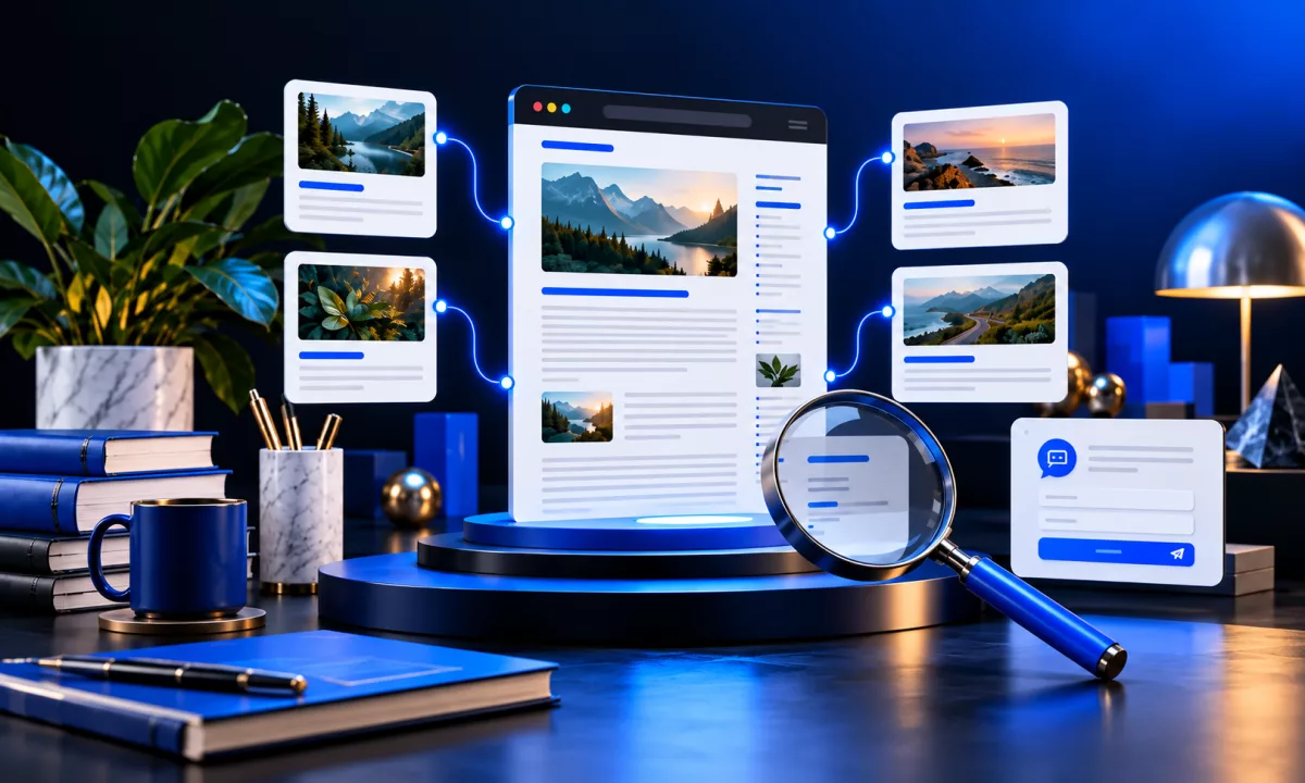 Blog article page in the center linked by glowing lines to related post cards, with a magnifying glass on a pedestal in front