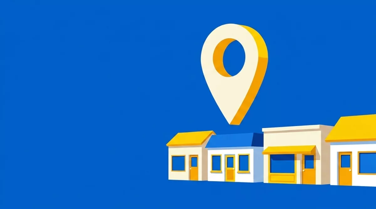 Terracotta illustration of a large map pin standing above a row of small shopfronts.