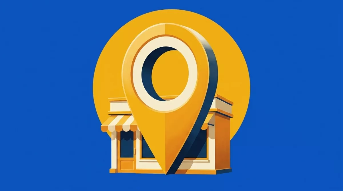 Terracotta illustration of a large map pin standing above a row of small shopfronts.