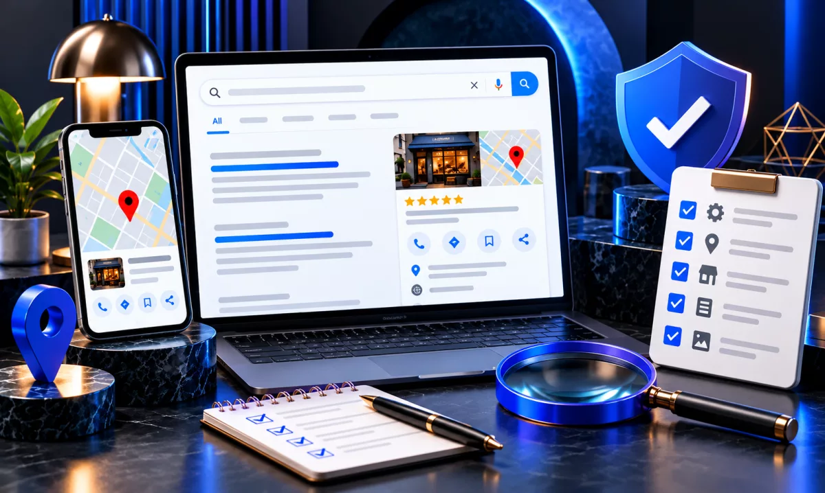 Laptop showing a Google search result with a business profile panel, next to a phone map, a verified shield and a completed checklist