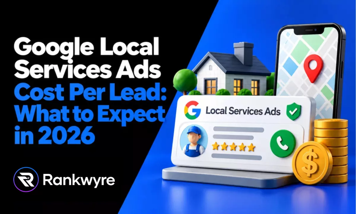 Cover reading Google Local Services Ads Cost Per Lead: What to Expect in 2026, with a Local Services Ads card, a phone map and a stack of coins