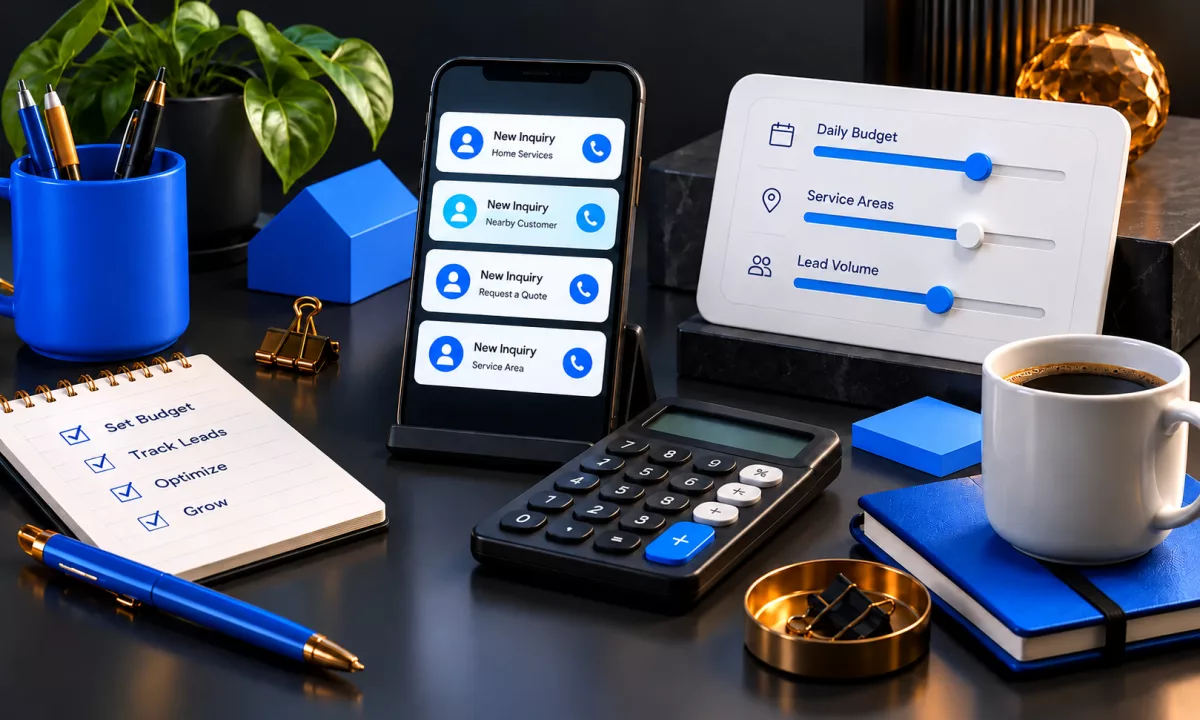 Phone listing new inquiries next to a settings card with daily budget, service area and lead volume sliders, a calculator and a budget checklist