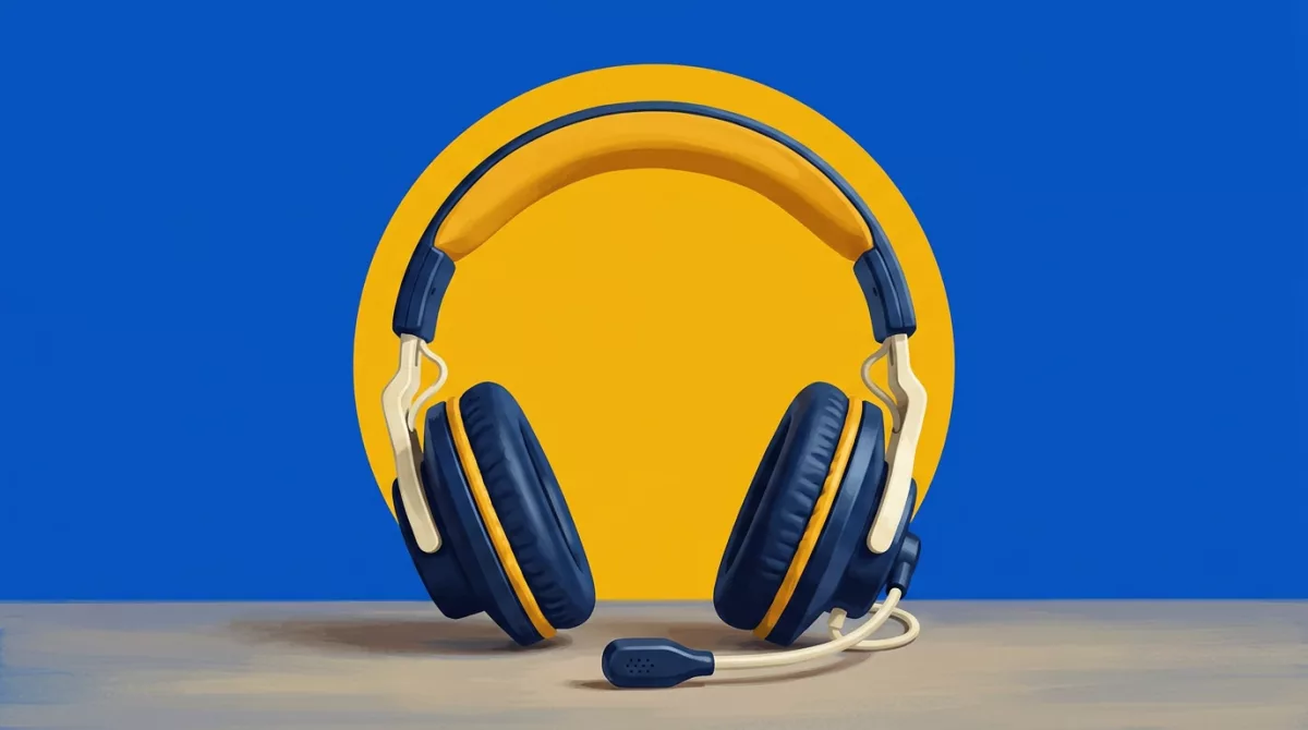 Green illustration of a woman wearing a headset working at a laptop, looking directly at the viewer.