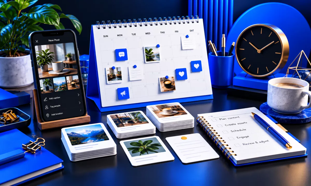 Phone drafting a new post beside a weekly content calendar, stacks of photo prints and a checklist to plan, create, schedule and engage