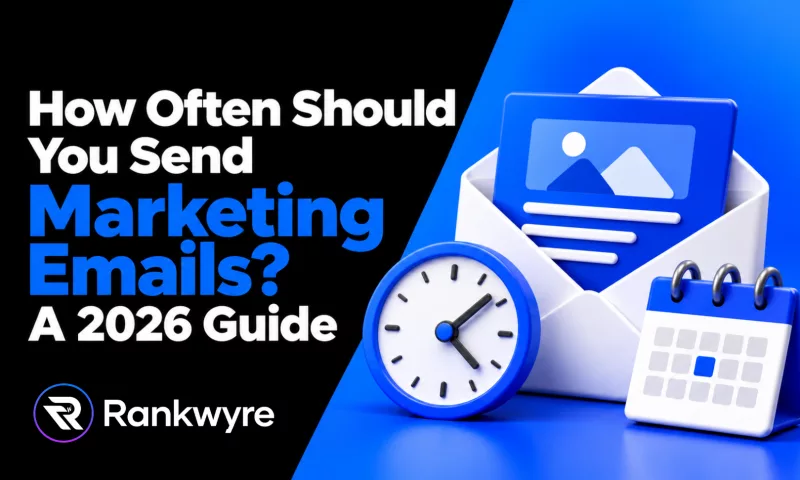 Cover reading How Often Should You Send Marketing Emails? A 2026 Guide, with an open envelope, a clock and a calendar