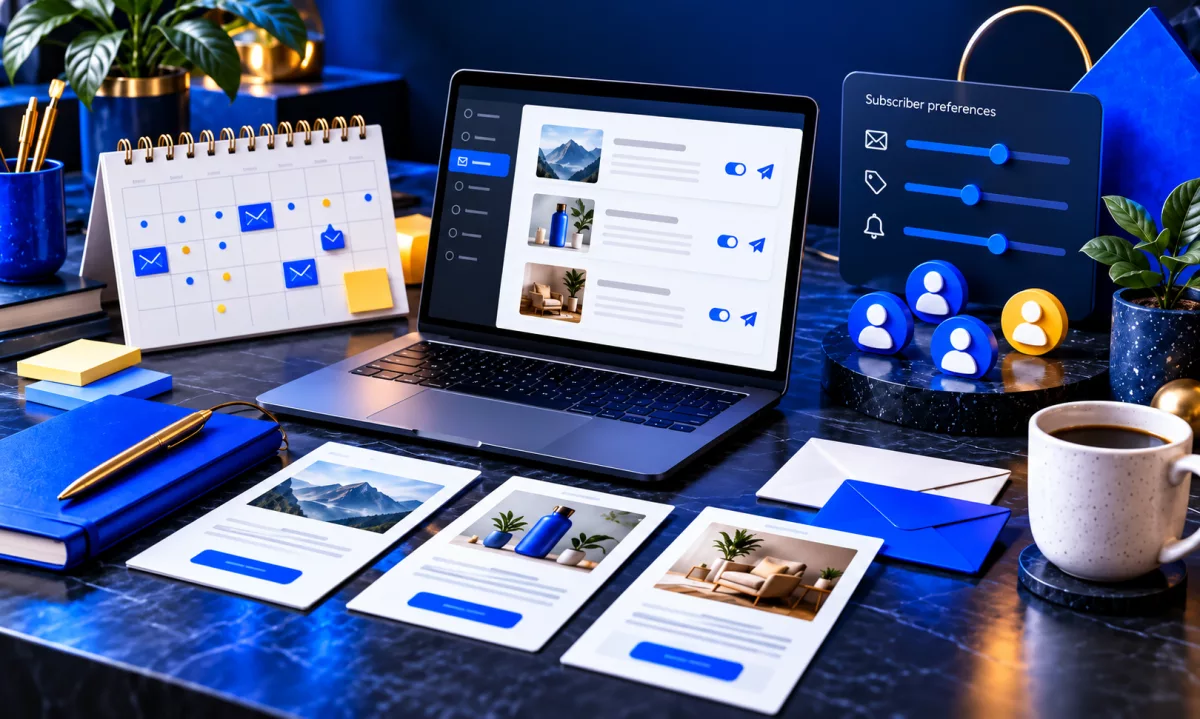 Desk calendar with scheduled email icons, a laptop showing an email campaign list, printed email layouts and a subscriber preferences panel