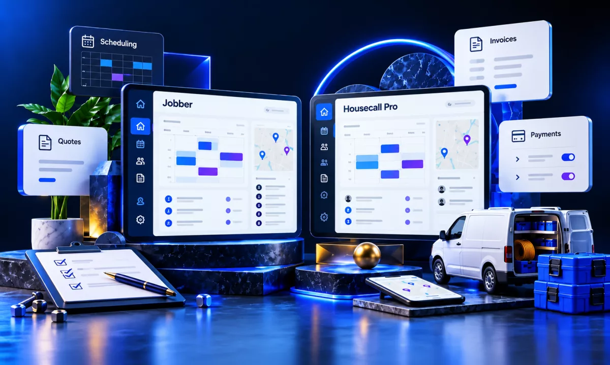 Jobber and Housecall Pro dashboards side by side, surrounded by cards for scheduling, quotes, invoices and payments and a service van