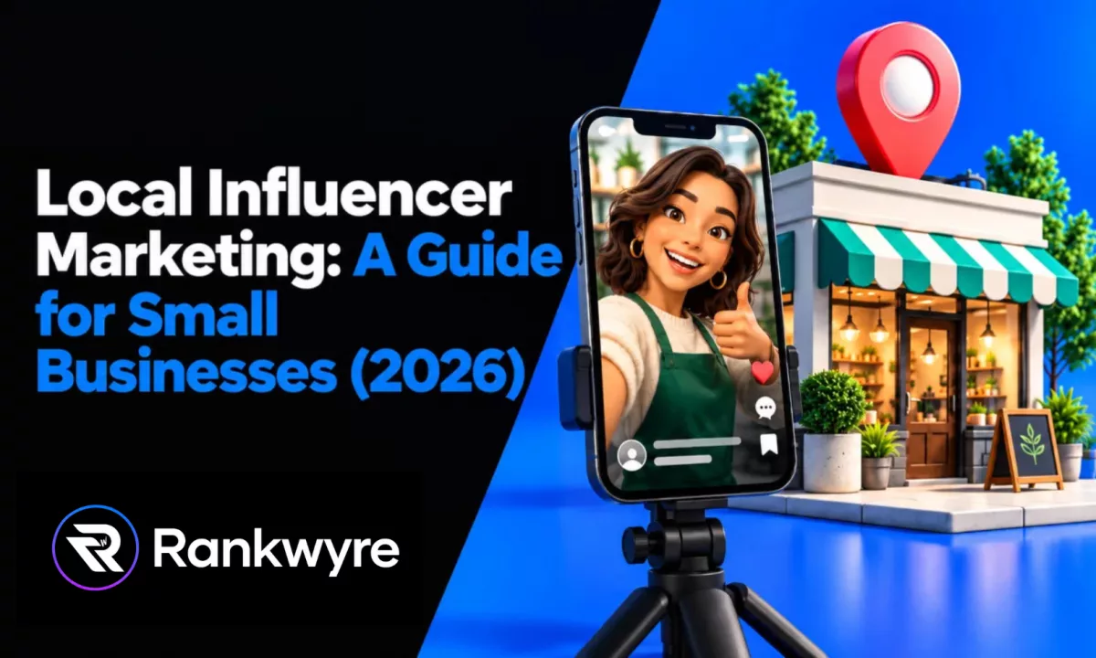 Cover reading Local Influencer Marketing: A Guide for Small Businesses (2026), with a creator on a phone on a tripod in front of a local shop