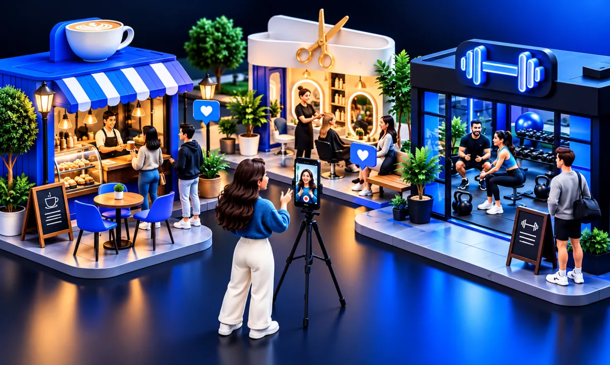 Model of a cafe, a hair salon and a gym where a creator films a video on a phone tripod while customers are served