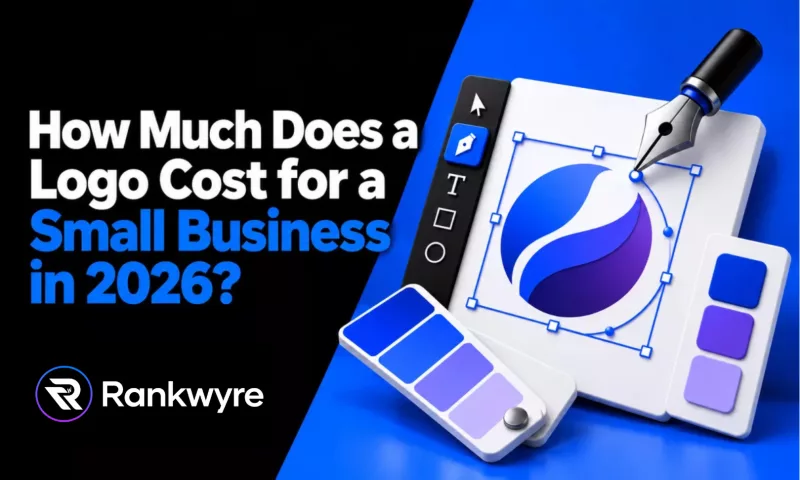 Cover reading How Much Does a Logo Cost for a Small Business in 2026?, with a pen tool drawing a blue logo mark beside color swatches