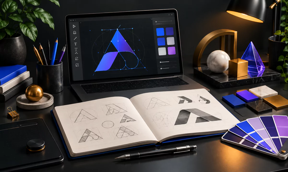 Designer desk with a laptop building a logo on a grid, a sketchbook of hand-drawn logo drafts and blue and purple color swatches