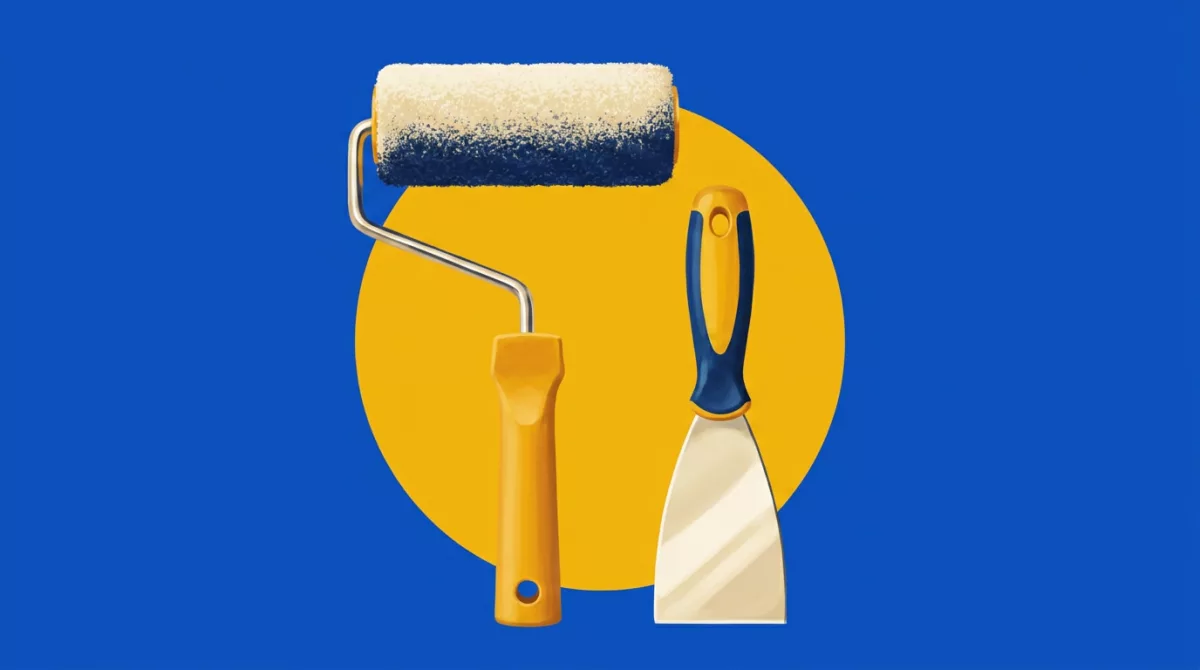 Sage illustration of a house split down the middle, one half renovated and one half peeling, with an open toolbox in front.