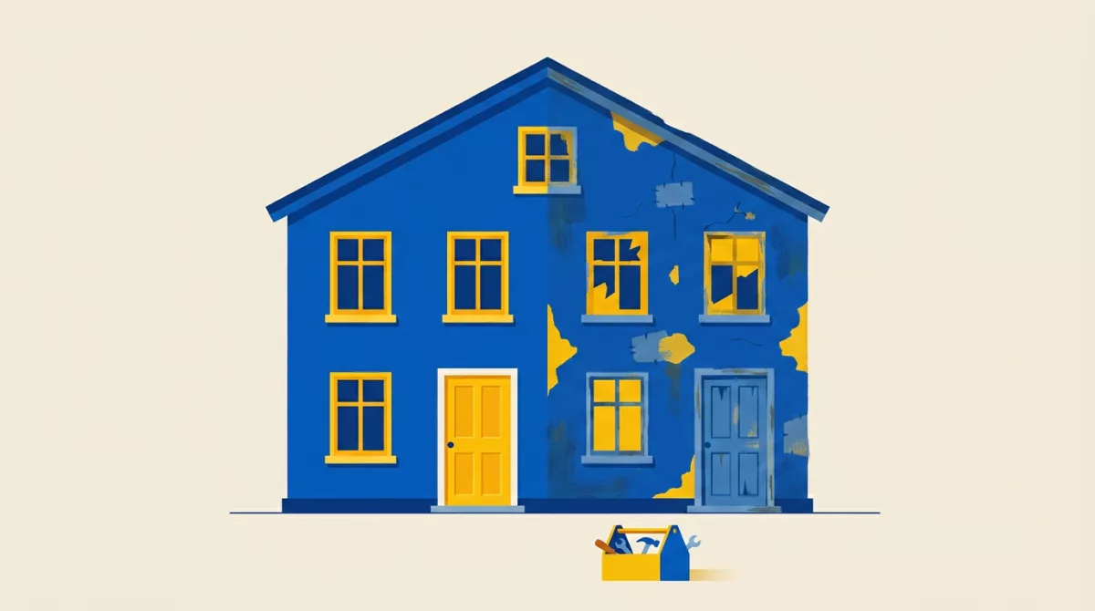 Sage illustration of a house split down the middle, one half renovated and one half peeling, with an open toolbox in front.