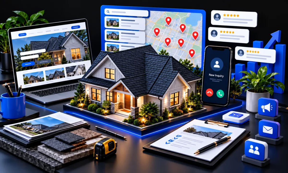 Model house surrounded by a laptop showing a roofing website, a map with location pins, a phone with a new inquiry call and review cards