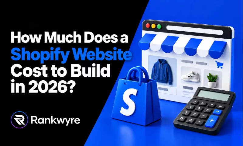 Cover reading How Much Does a Shopify Website Cost to Build in 2026?, with a Shopify shopping bag, an online store window and a calculator