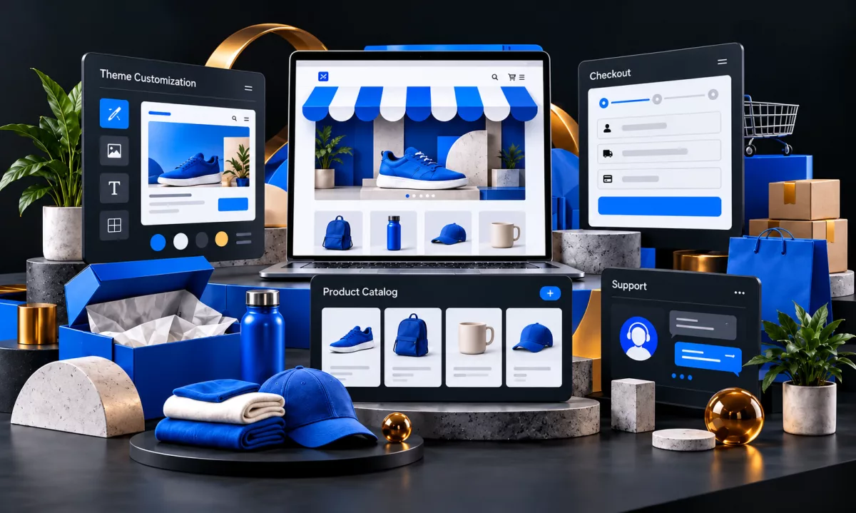 Laptop showing an online store surrounded by panels for theme customization, the product catalog, checkout and customer support