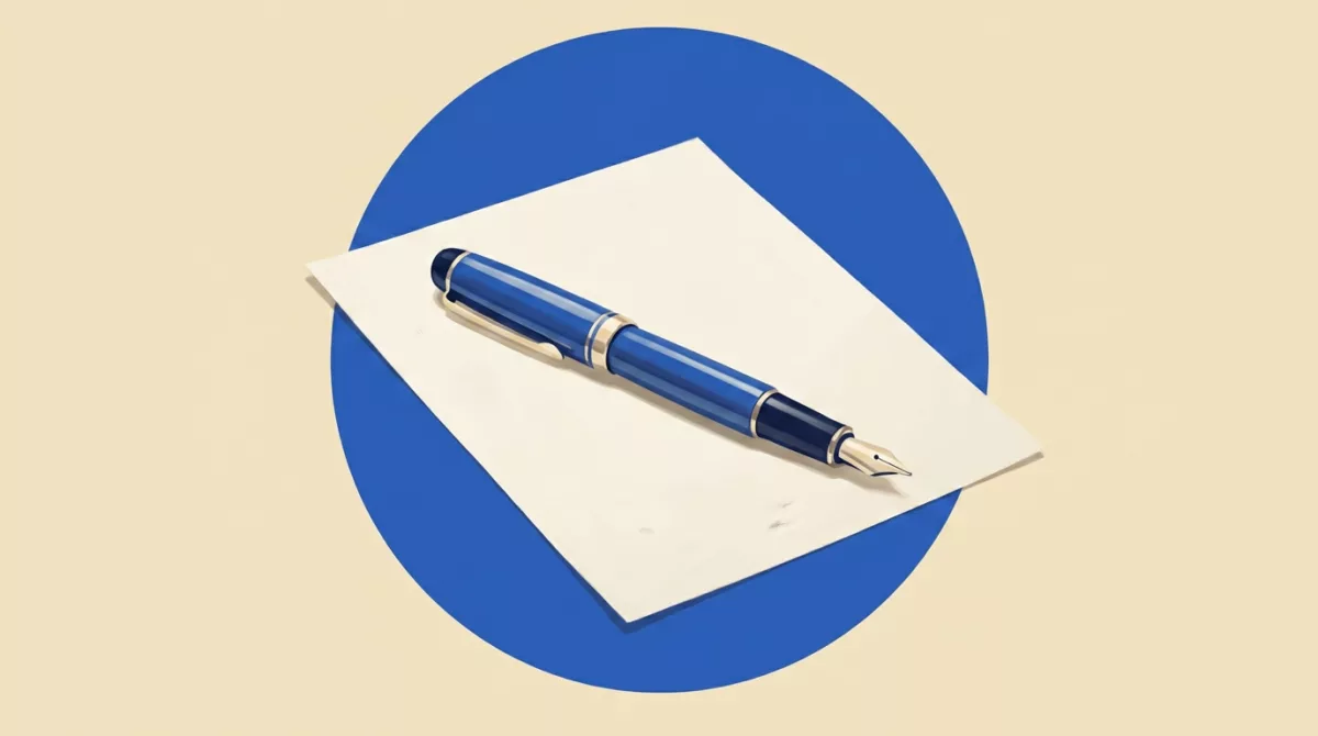 Illustration of a woman in a navy shirt holding a pen against her chin with an open notepad, thinking.