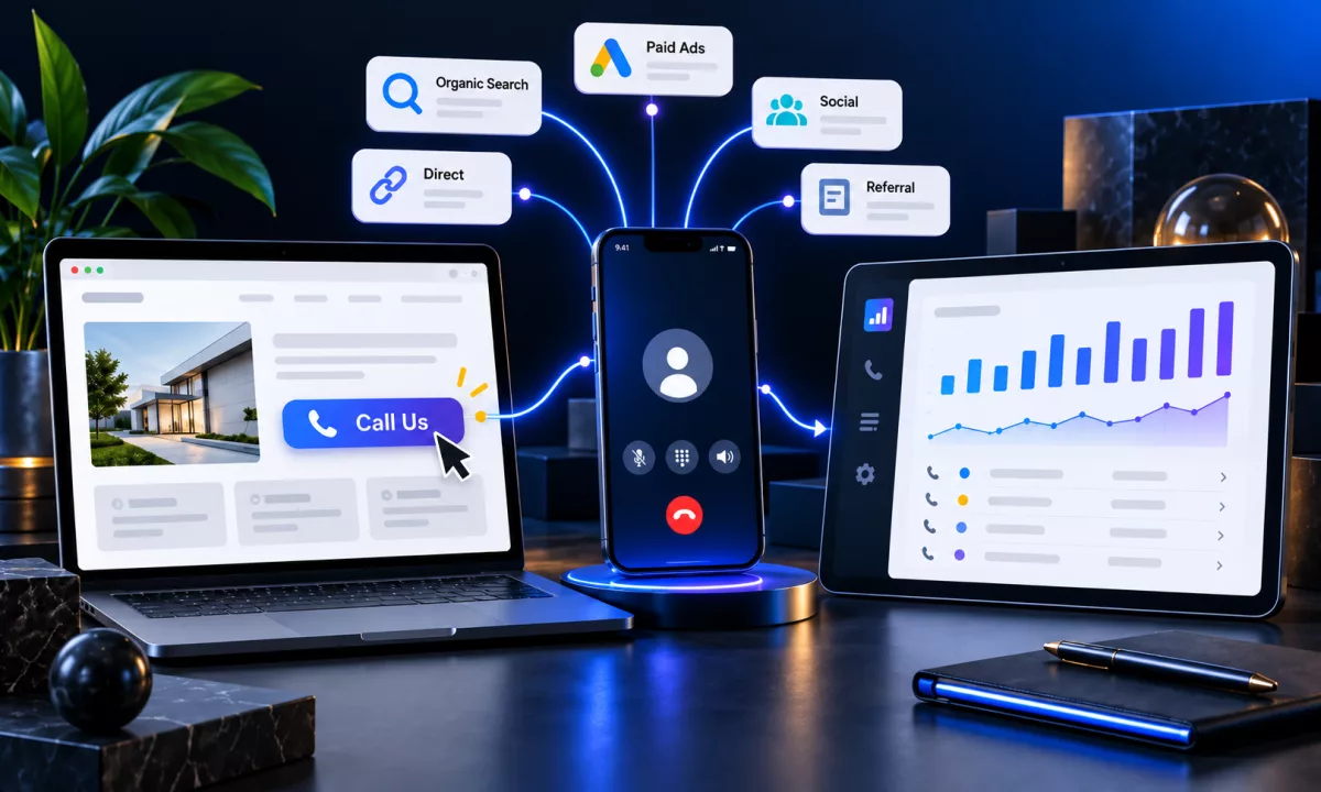 Website Call Us button connected to a phone call and a dashboard, with tags for organic search, direct, social and referral sources