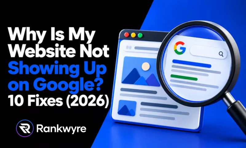 Cover reading Why Is My Website Not Showing Up on Google? 10 Fixes (2026), with a magnifying glass over a Google search bar and results