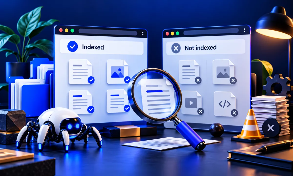 Two browser panels comparing indexed pages with blue checks and not indexed pages with gray crosses, with a crawler robot in front