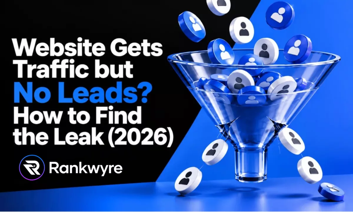 Cover reading Website Gets Traffic but No Leads? How to Find the Leak (2026), with visitor icons spilling out of a cracked glass funnel