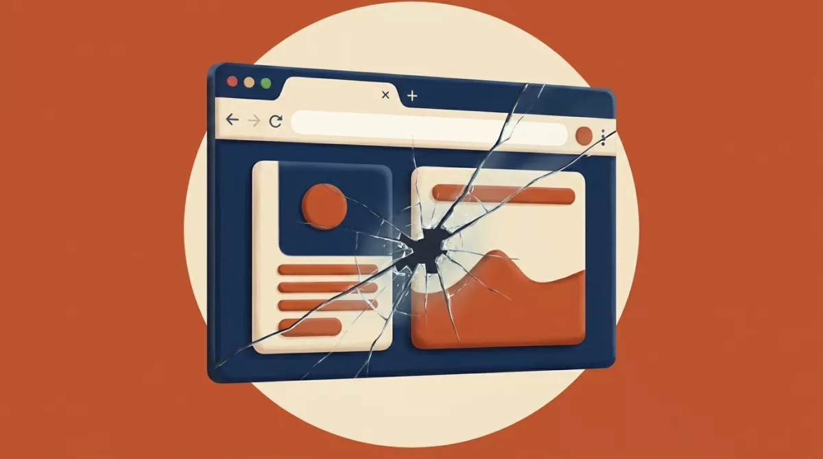 Teal illustration of a neglected half-closed laptop with a spider web strung across it and a cracked chain symbol on the lid.
