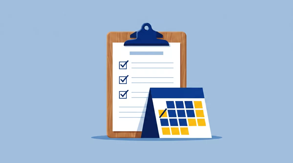 Cream illustration of a clipboard holding a ticked checklist beside a desk calendar with one day marked.