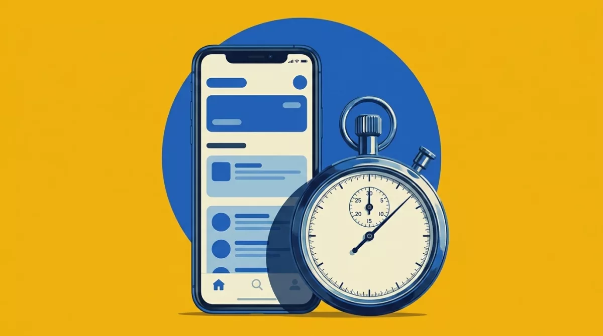 Blue illustration of a phone buckling under a tall stack of oversized photo prints.