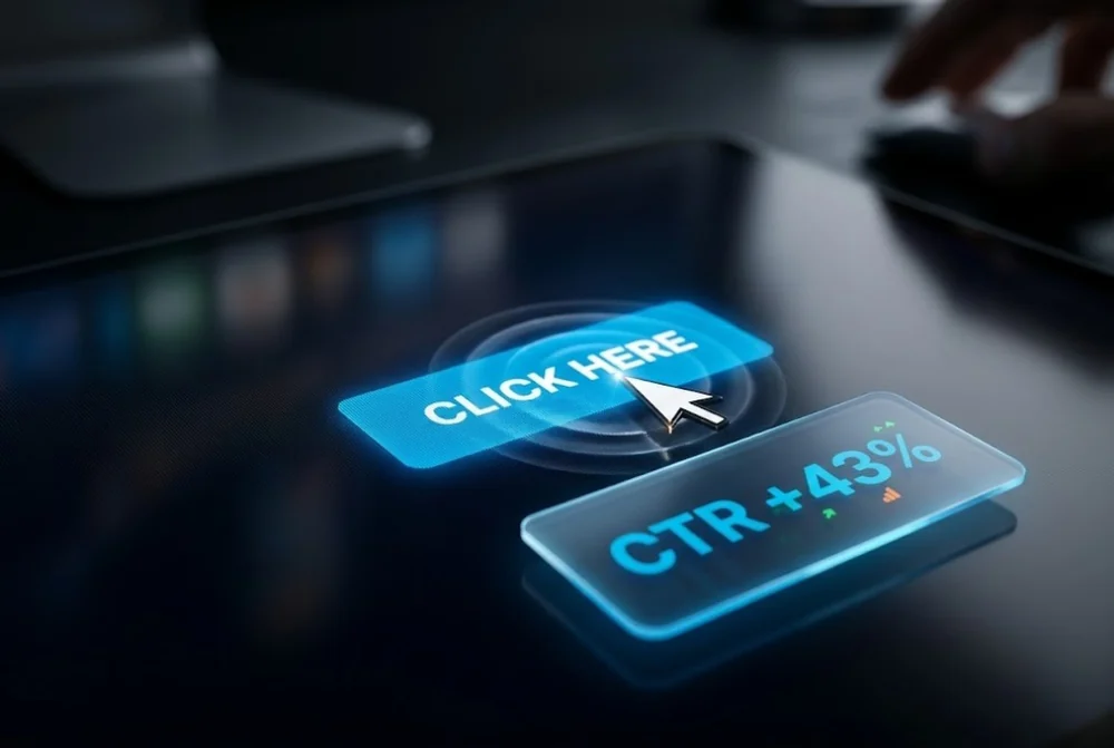 A glowing call-to-action button with a cursor and a 43 percent higher click-through rate