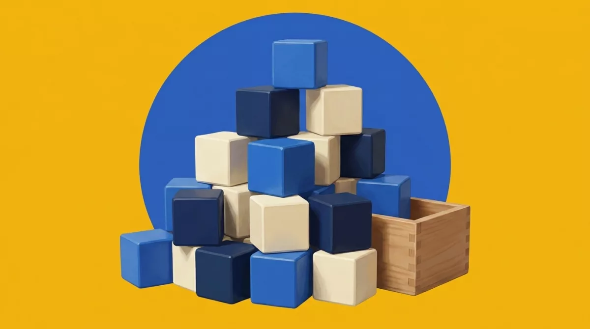 Yellow illustration of a stack of blue and white blocks growing up through a wooden shelf and cracking it.