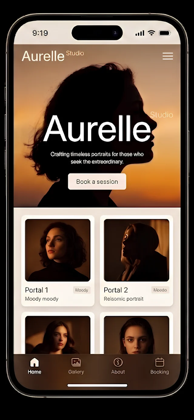 Aurelle Studio mobile homepage with portrait hero