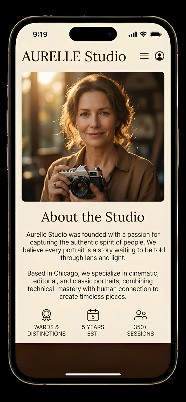 Aurelle Studio about page with photographer portrait