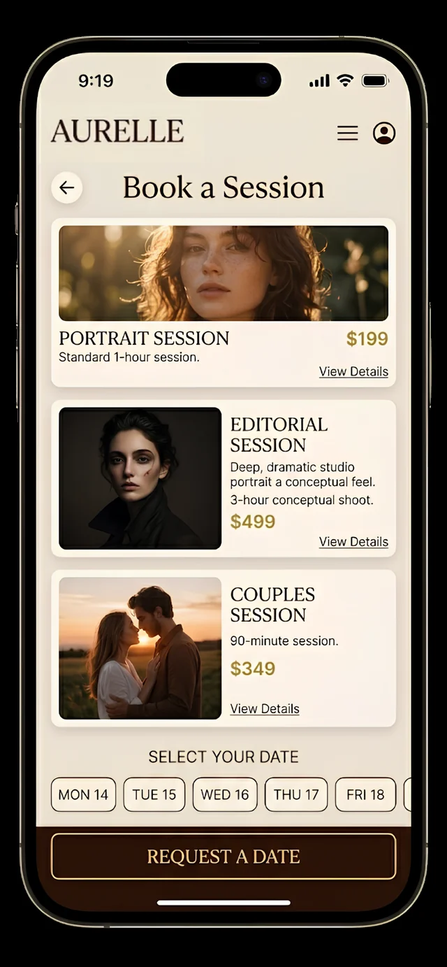 Aurelle Studio book a session screen with portrait packages