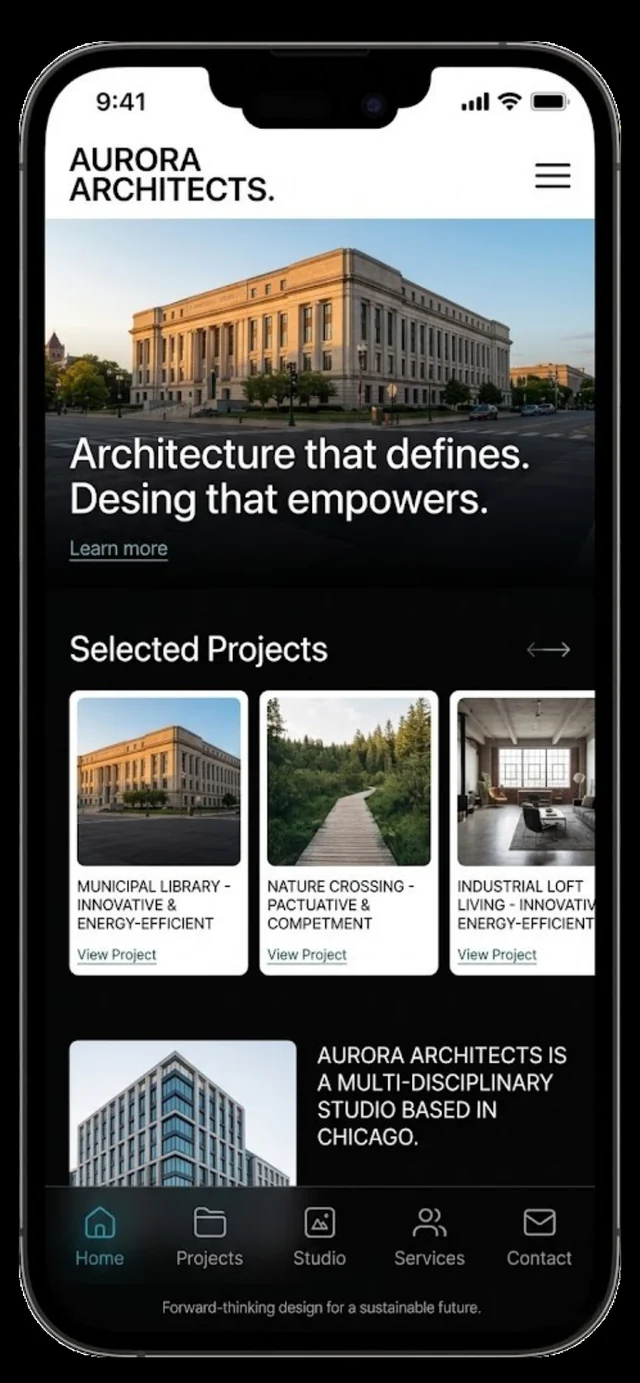 Aurora Architects mobile homepage with hero building
