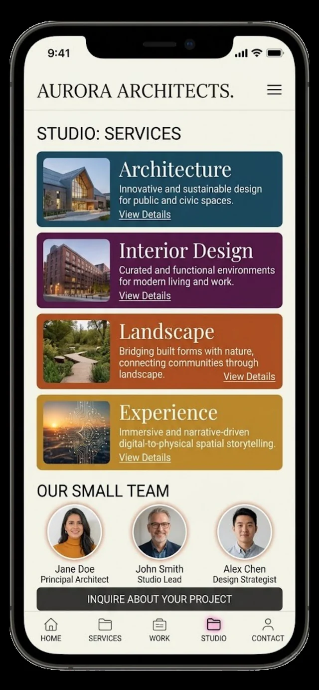 Aurora Architects studio services screen on a phone