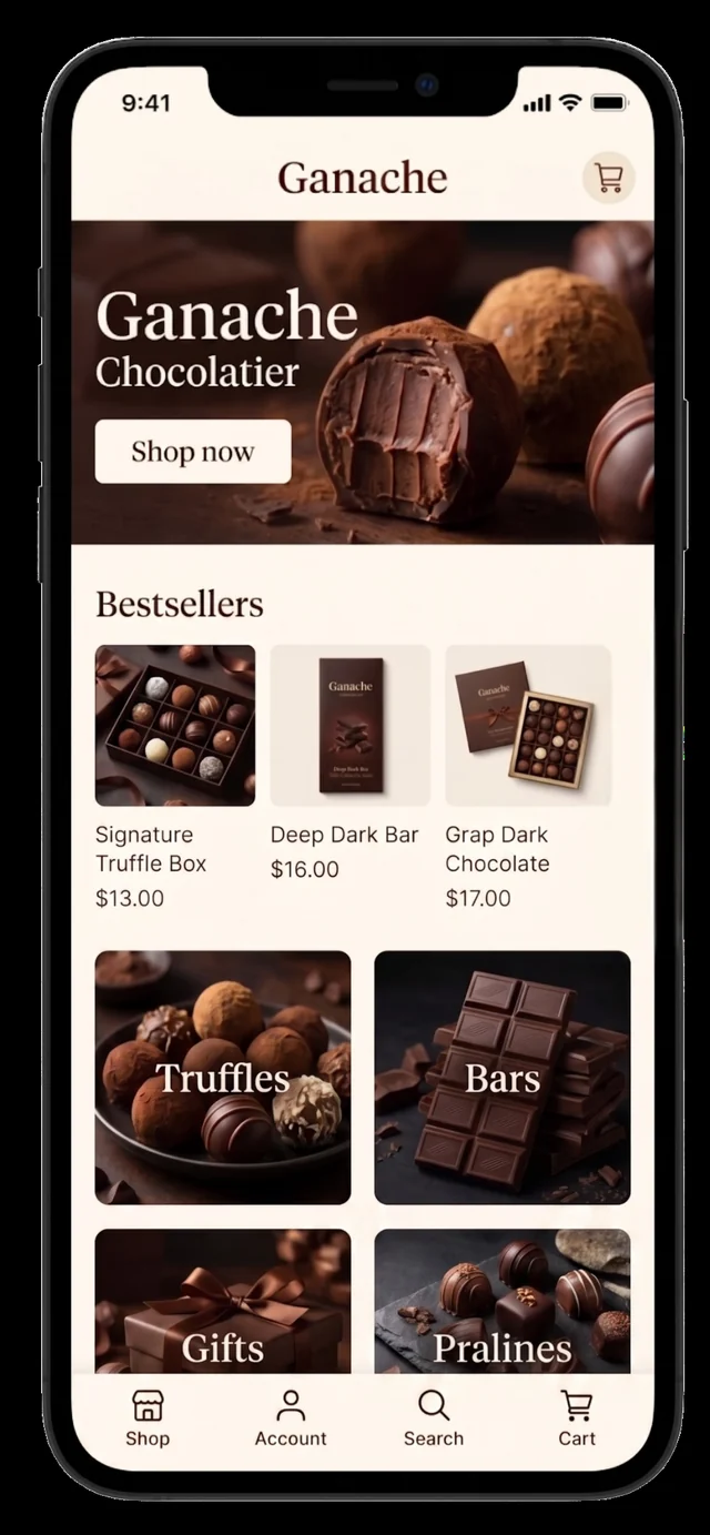 Ganache Chocolatier mobile homepage