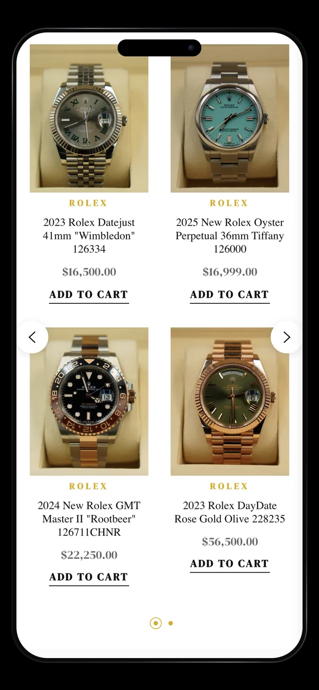 Premier Jewelers watch product grid with pricing on mobile