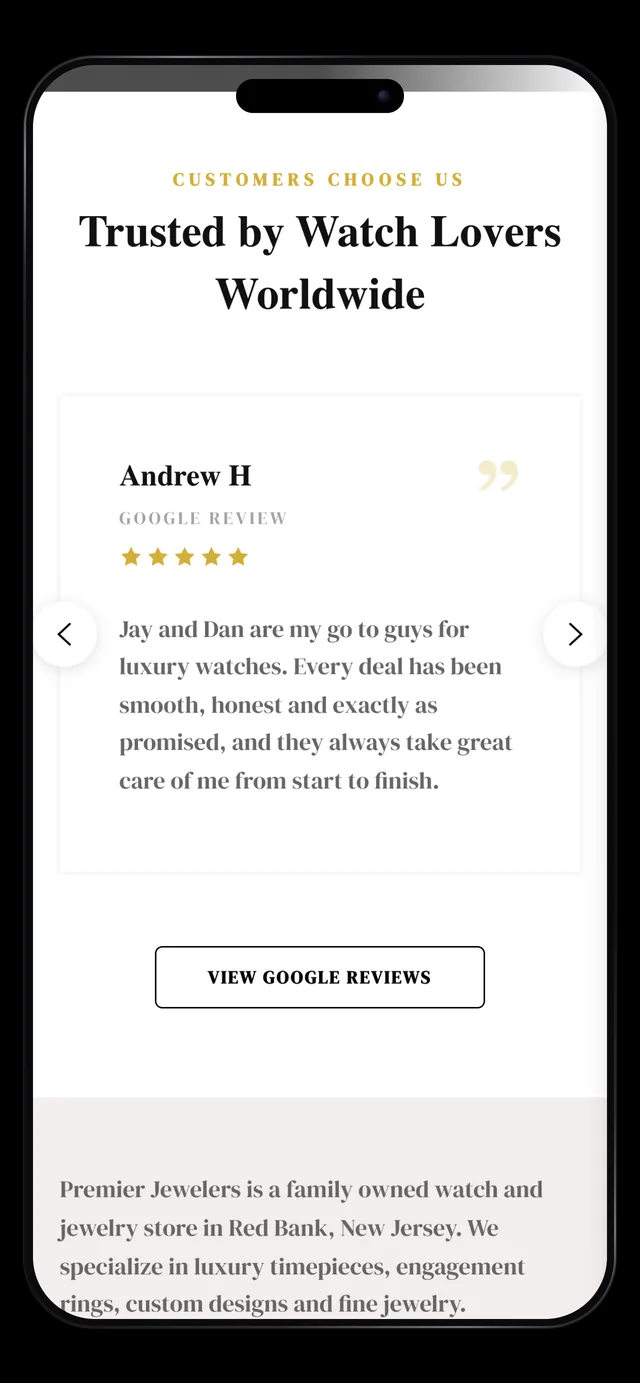 Premier Jewelers customer reviews section on a phone