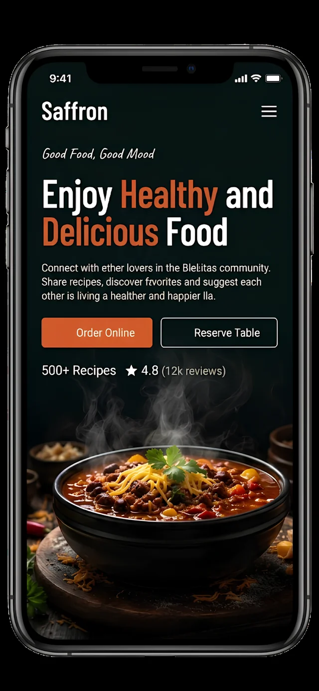 Saffron food app mobile homepage with featured dish