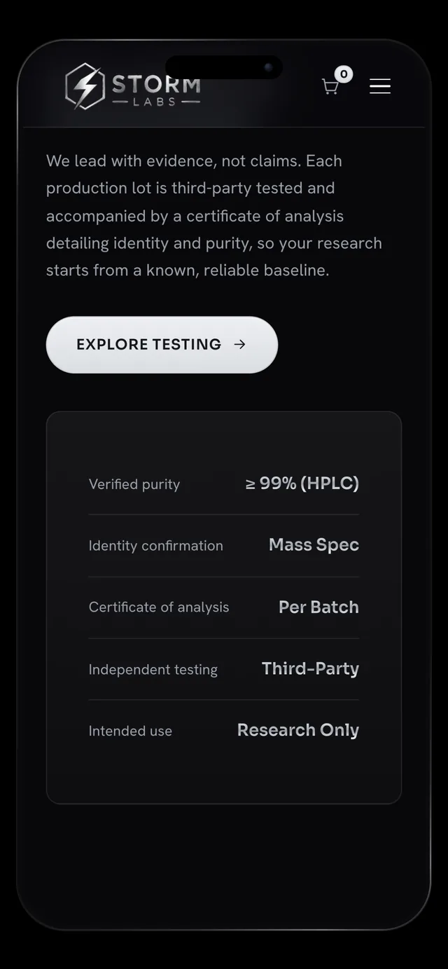 Storm Labs lab testing and documentation section on a phone