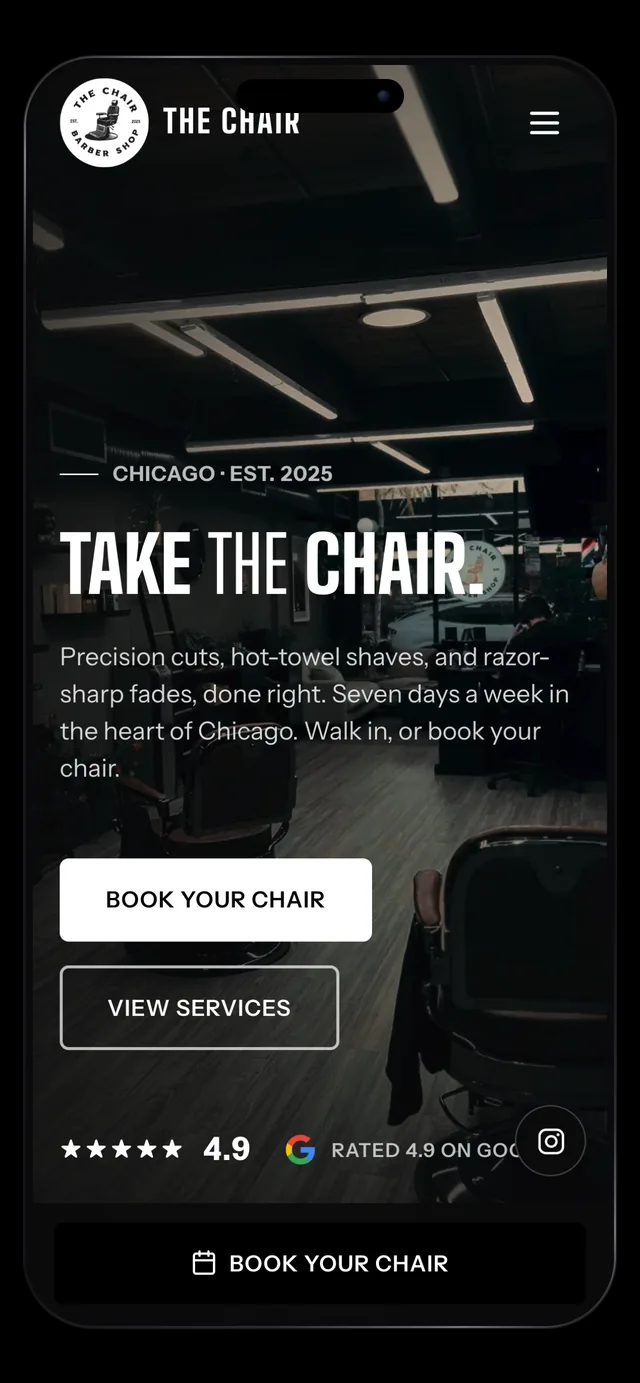 The Chair Barbershop mobile homepage with the shop interior