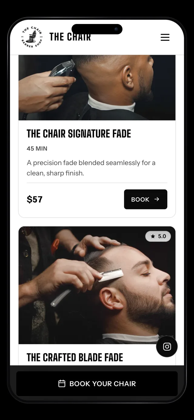 The Chair Barbershop services and pricing on mobile