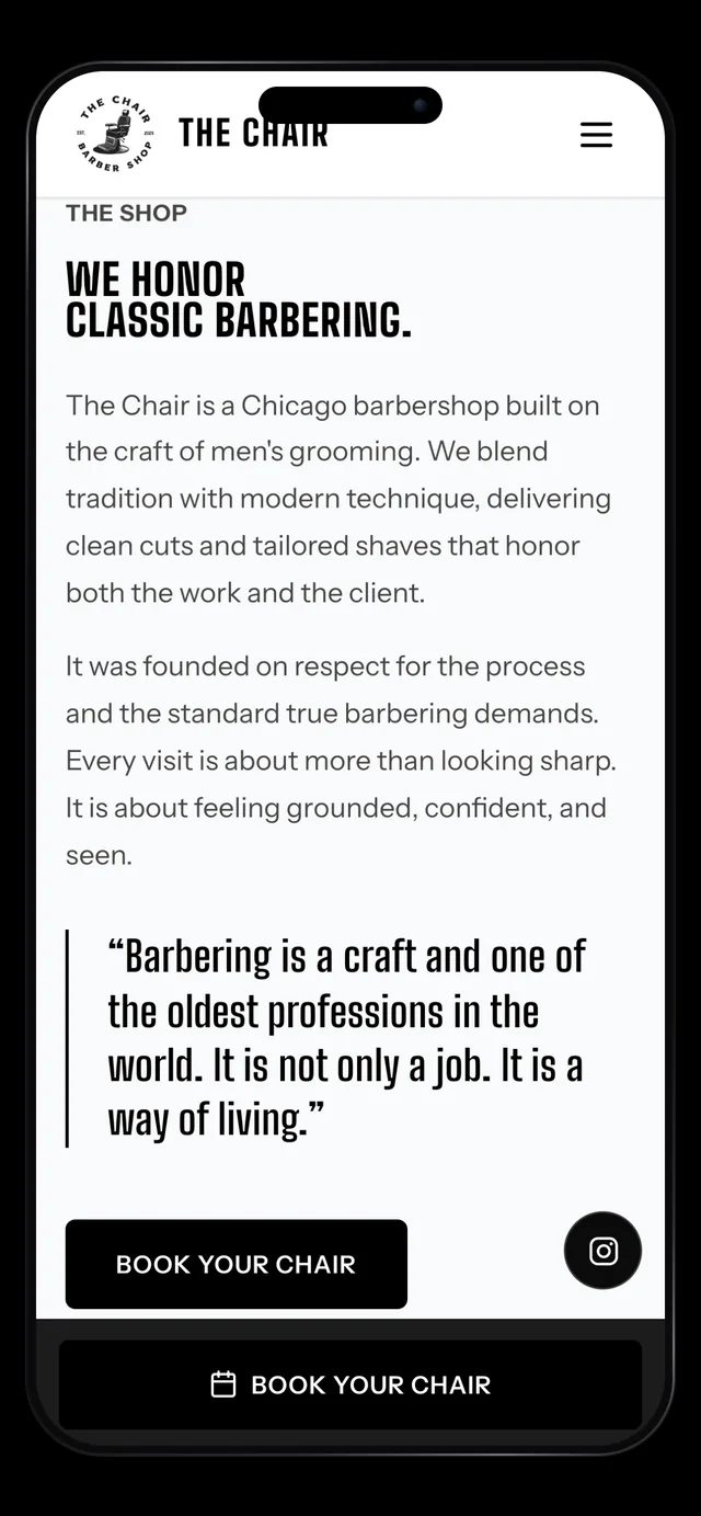The Chair Barbershop about section on a phone