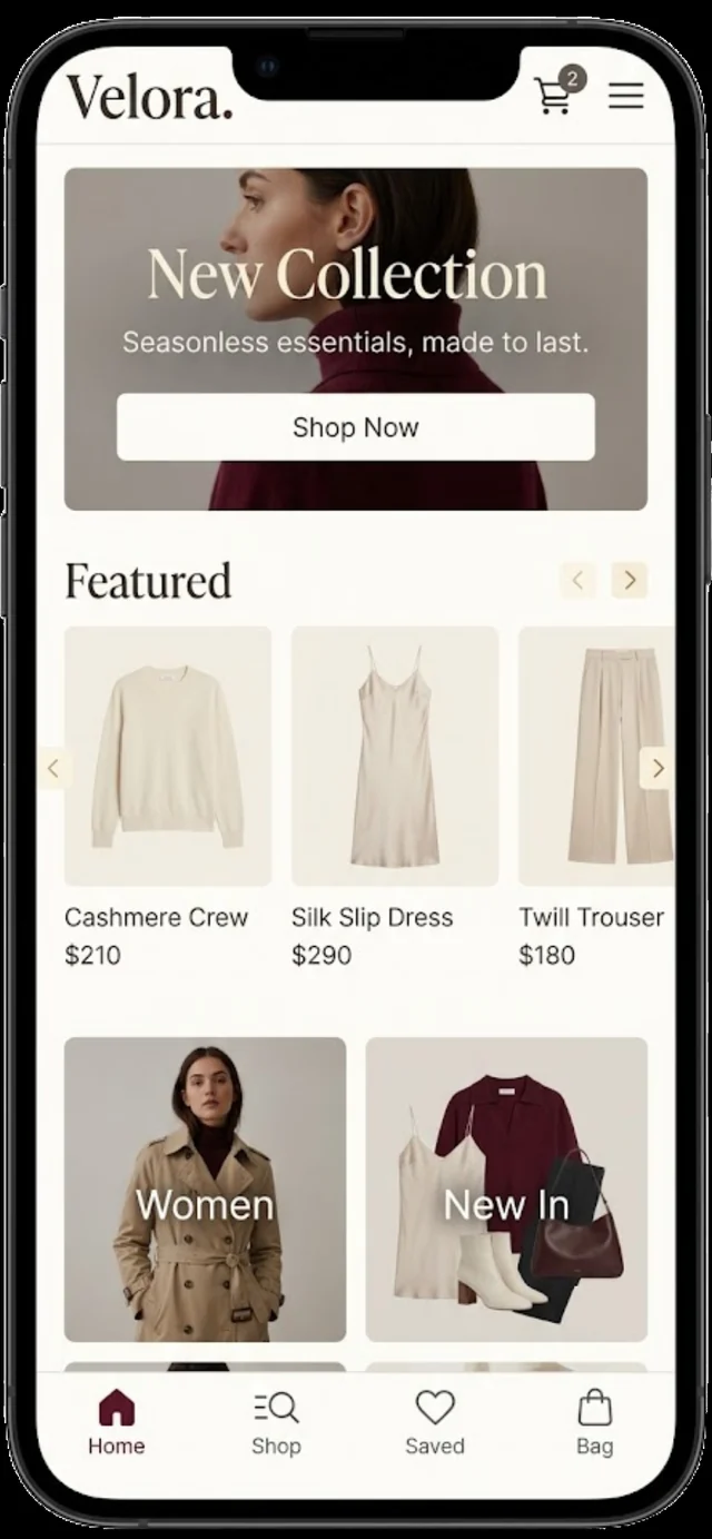 Velora featured product grid on a phone