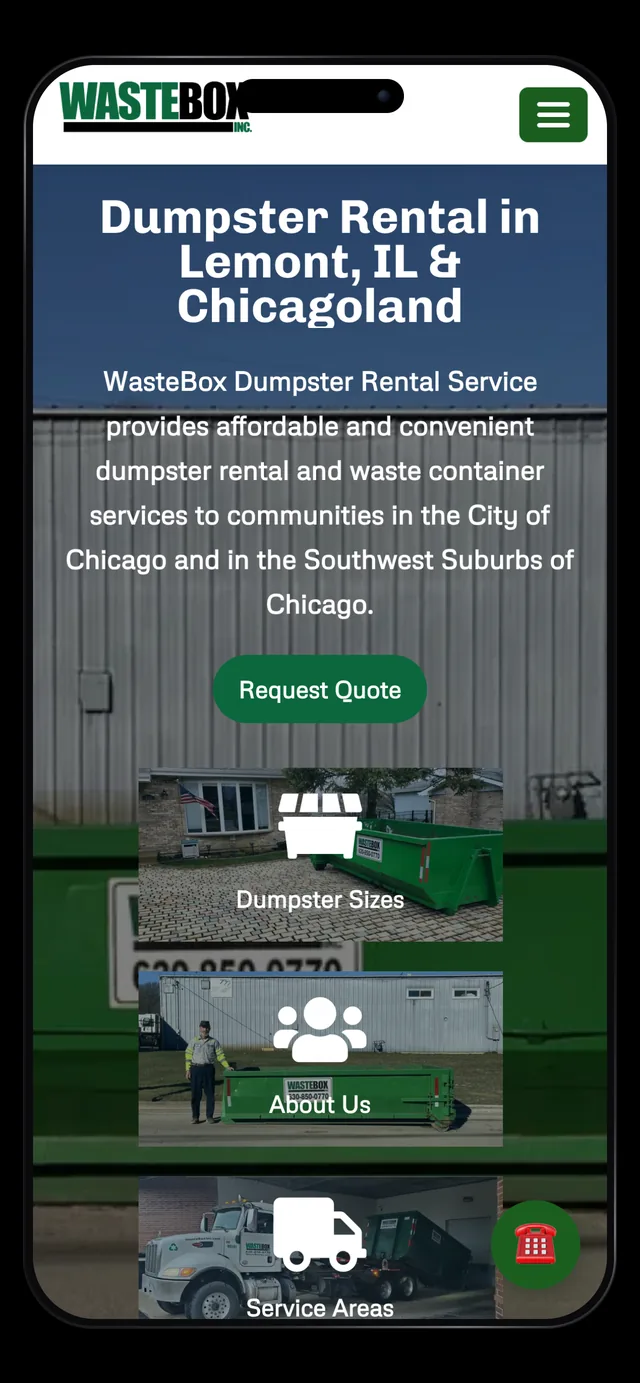 WasteBox mobile homepage with dumpster rental hero