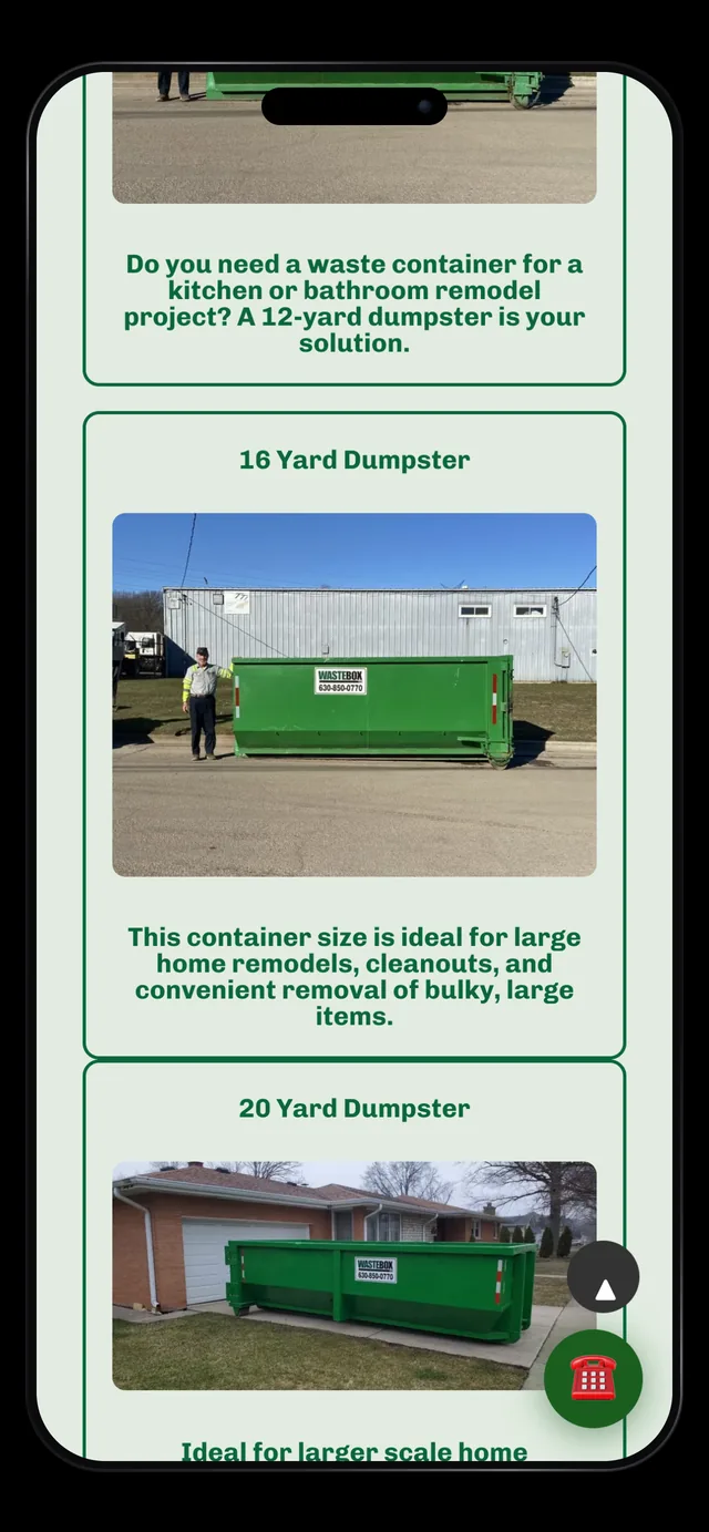 WasteBox dumpster size options on mobile