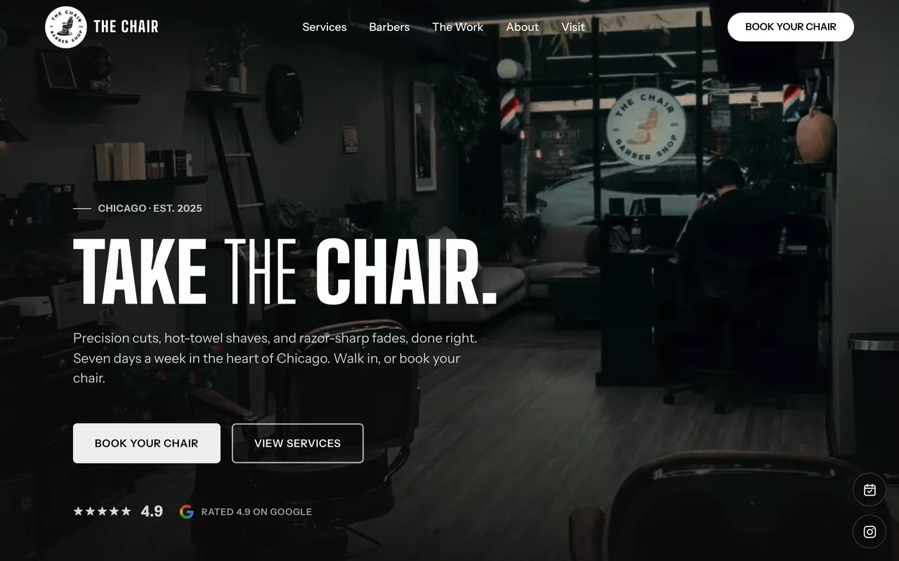 The The Chair Barbershop site on a desktop